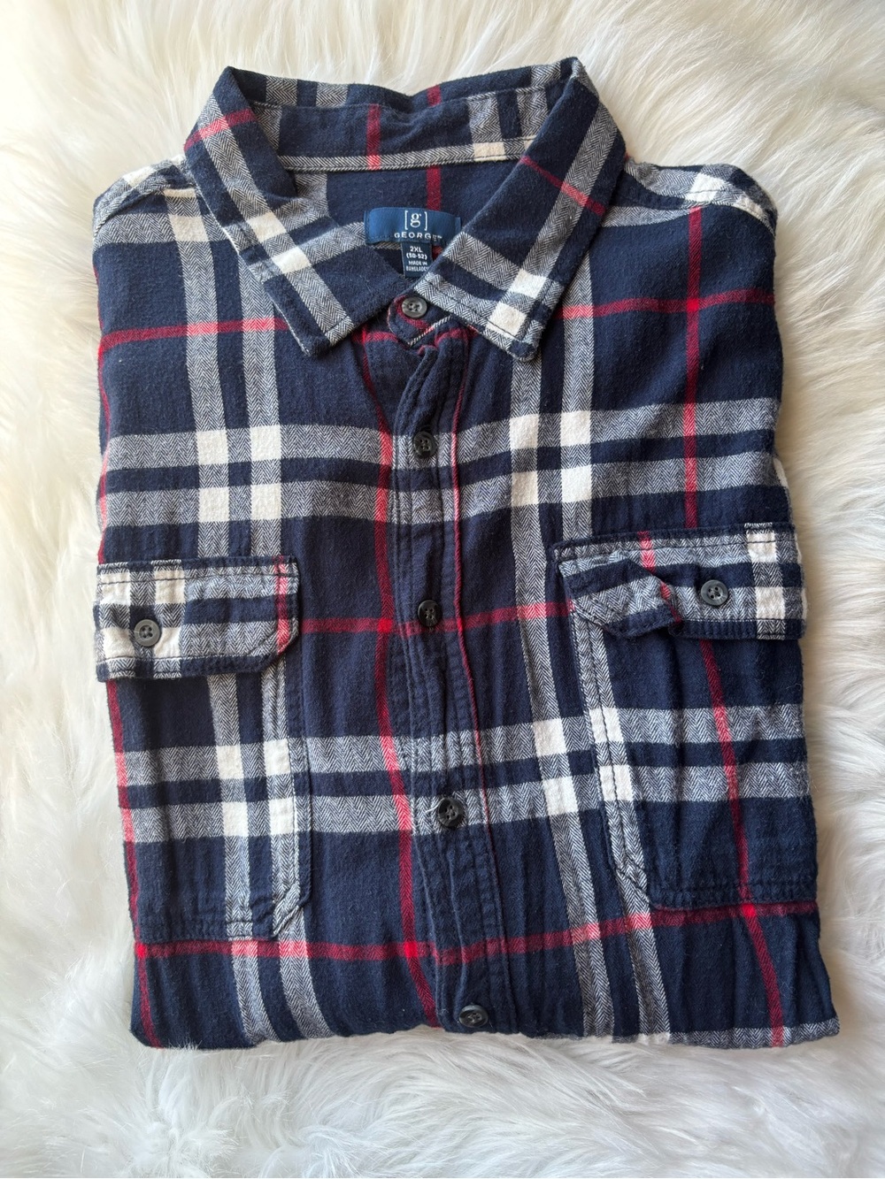 Navy Plaid Button-Up Shirt with Red & White Accents